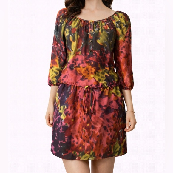 Trina Turk Dresses & Skirts - Trina Turk Silk Mulicolor Dropped Waist 3/4 Long Sleeve Dress 8 Medium